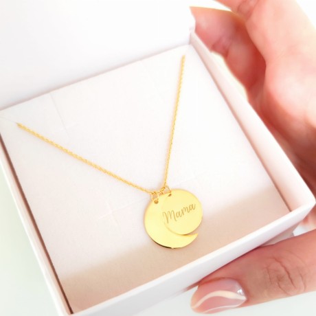 Przejdź do produktu Naszyjnik srebrny z księżycem i blaszką MAMA - pozłacany 